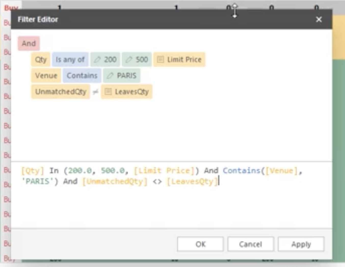 Trading FE Grid Filter Expressions