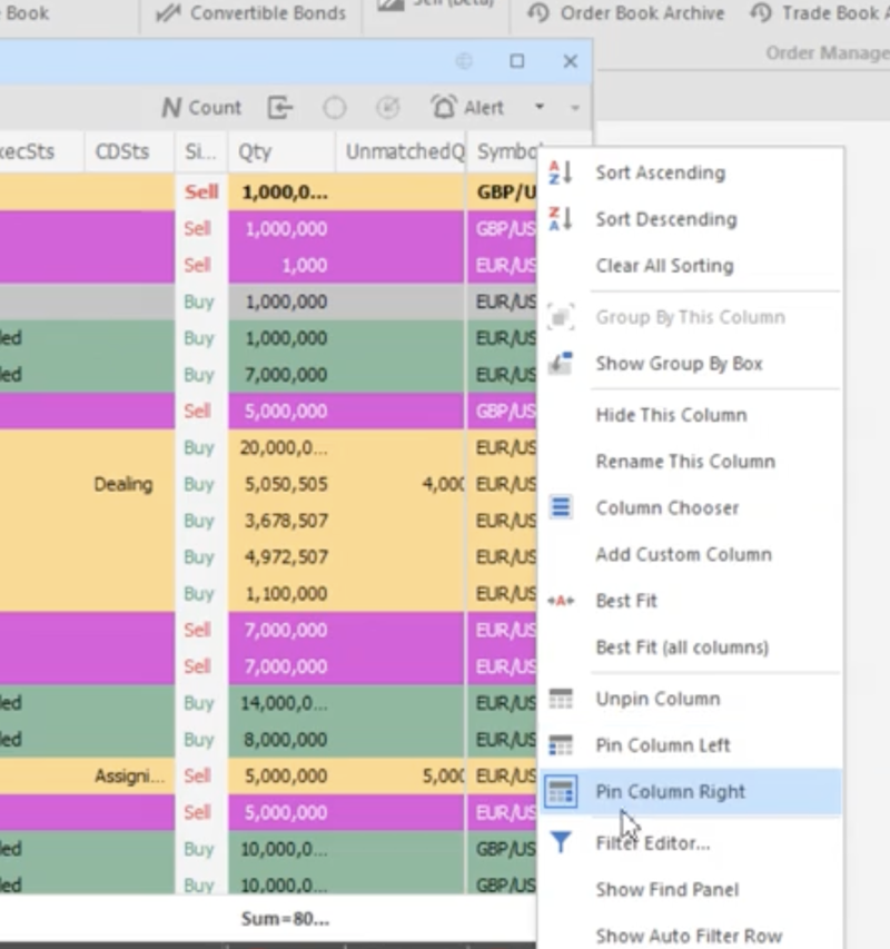 Trading FE Pinned Columns