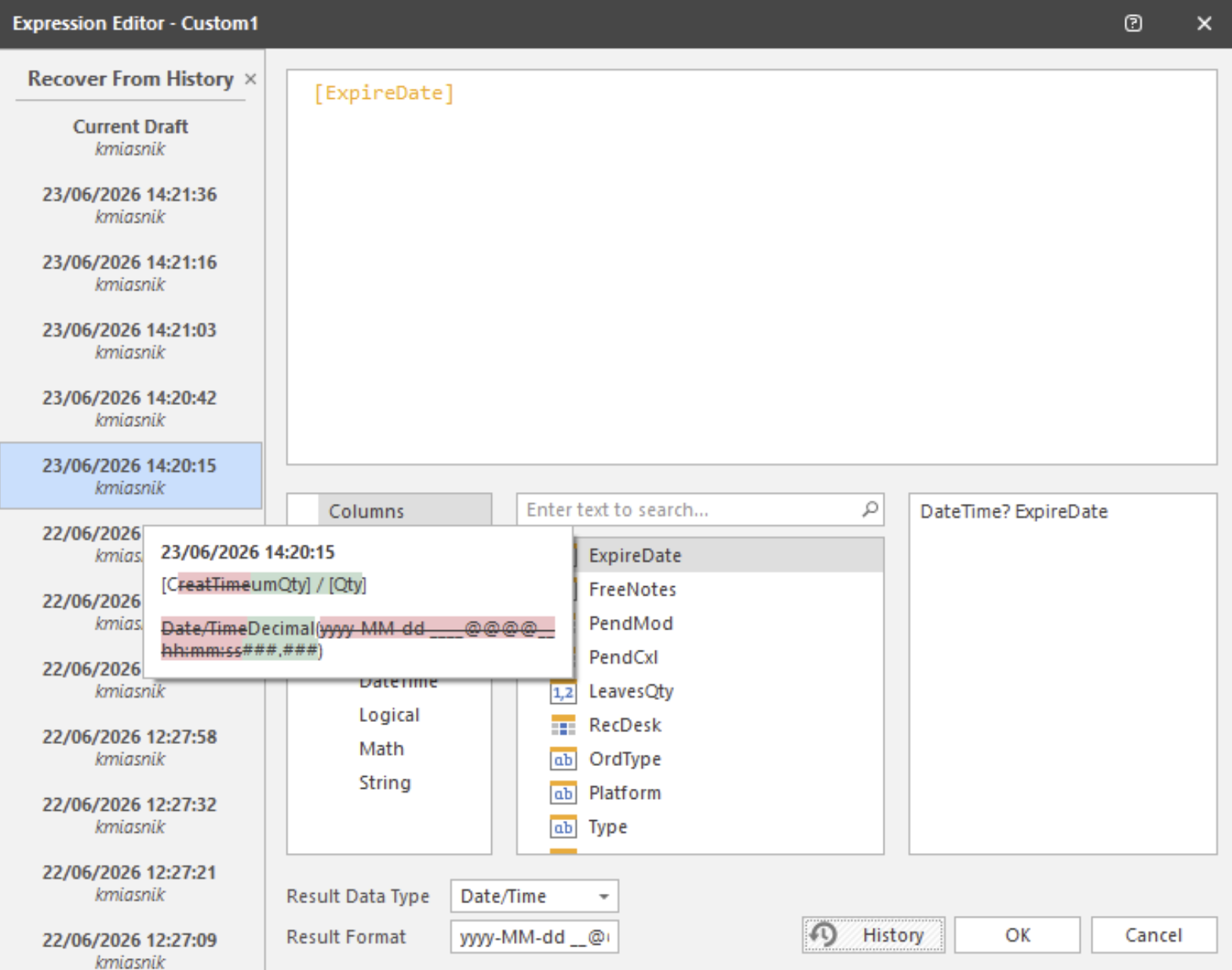 Extending the existing report of the history of changes to trading front end custom column expressions, this history is now displayed in the graphical expression editor for custom column expressions. The user can view the history of changes to the existing expression in the editor, a diff tooltip to indicate the exact changes made between versions, and also recover previous expression values from the history into the current expression value editor.