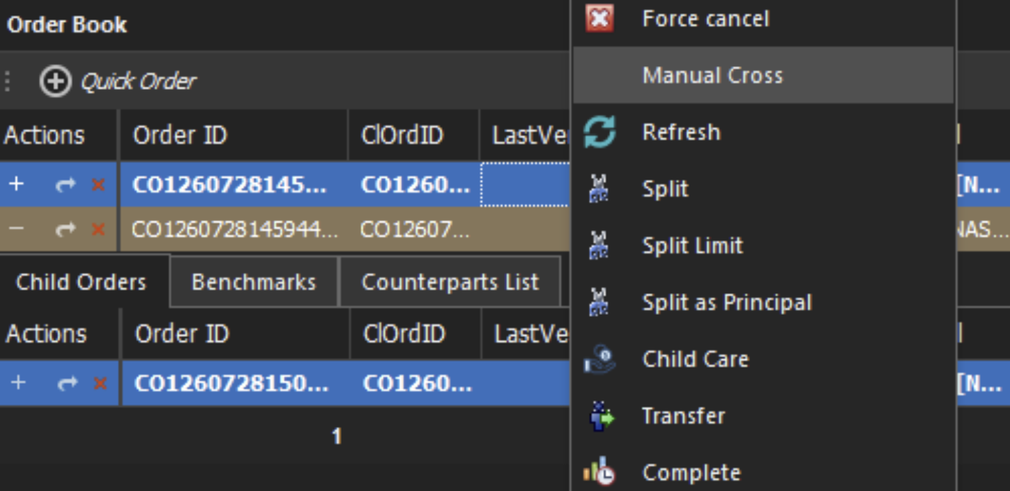 Gives trading desks the flexibility to cross internally managed care orders across any layer of the order hierarchy. Instead of restricting matching to a single level, traders can execute internalized crosses between root parent orders or complex, multi-tiered child routing structures.